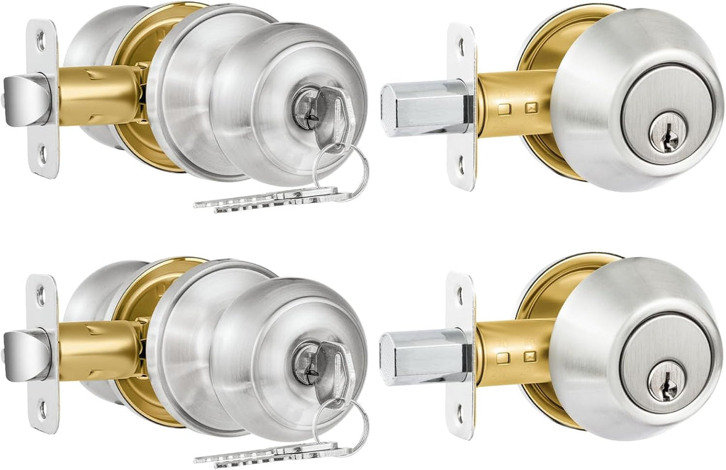 2 Pack Entry Door Lock and Single Cylinder Deadbolt Combo Set, Keyed Alike Satin Nickel Exterior Door Knobs with