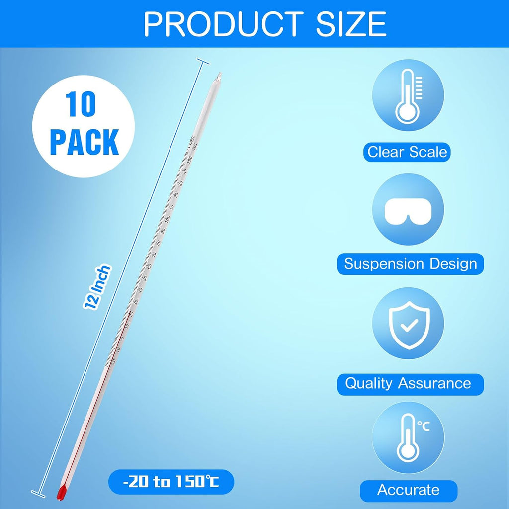 10 Pcs General Purpose Lab Thermometer 12 Inch Total Glass, Clear