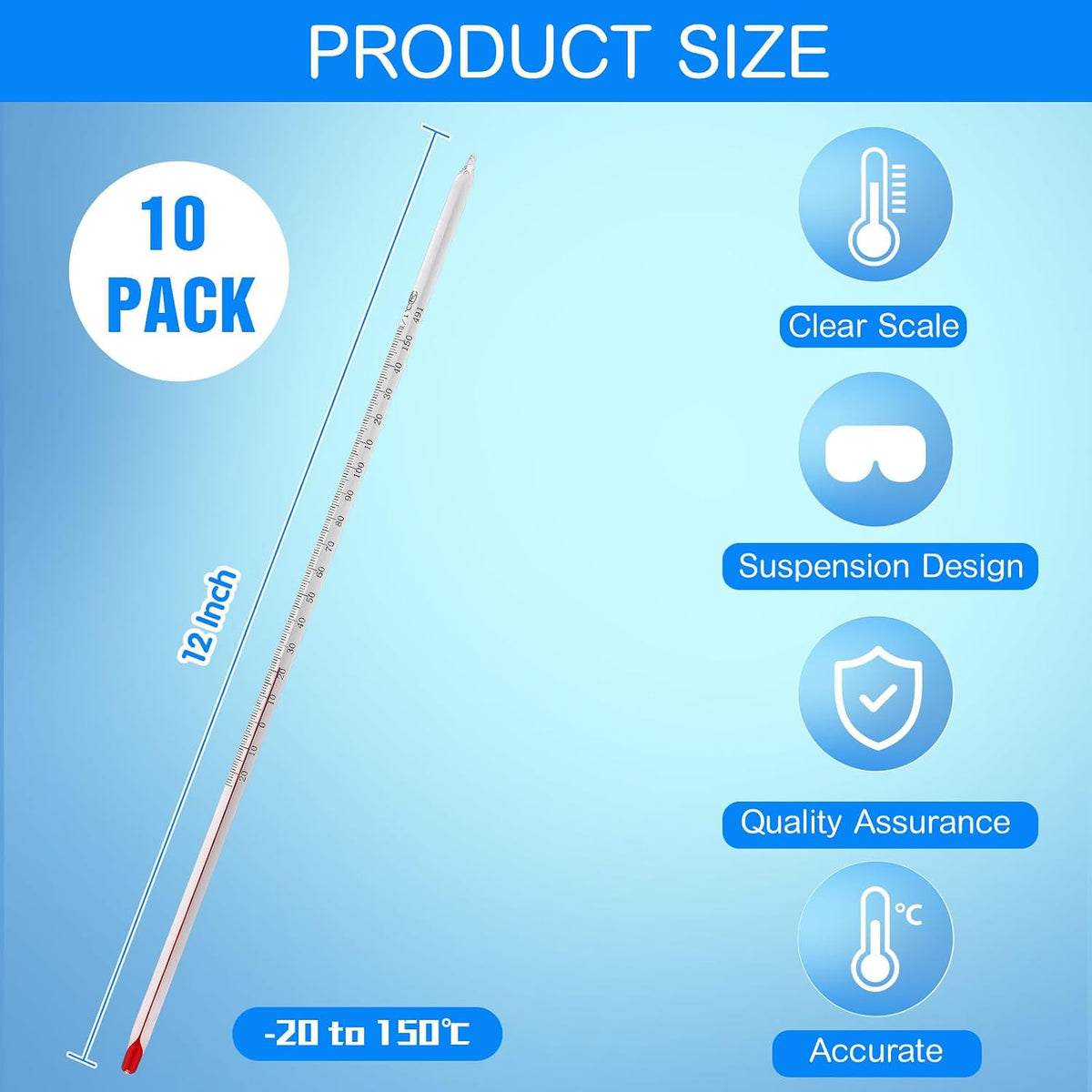 10 Pcs General Purpose Lab Thermometer 12 Inch Total Glass, Clear