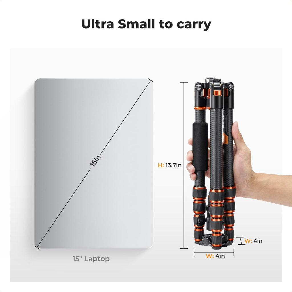 60" Carbon Fiber Camera Tripod, Detachable Monopod for SLR DSLR | Max Load 17 lb, Lightweight Compact Travel Tripod