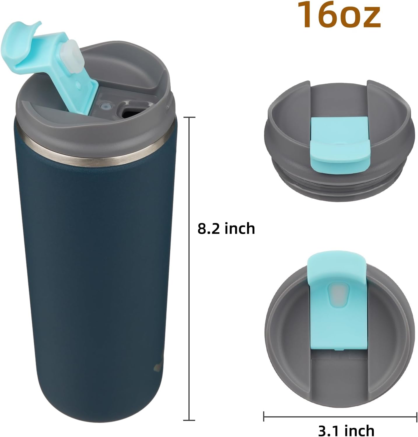 16oz Travel Coffee Mug with Lid, Insulated Stainless Tumbler | Navy Blue; BPA-free, leak-proof travel mug for hot