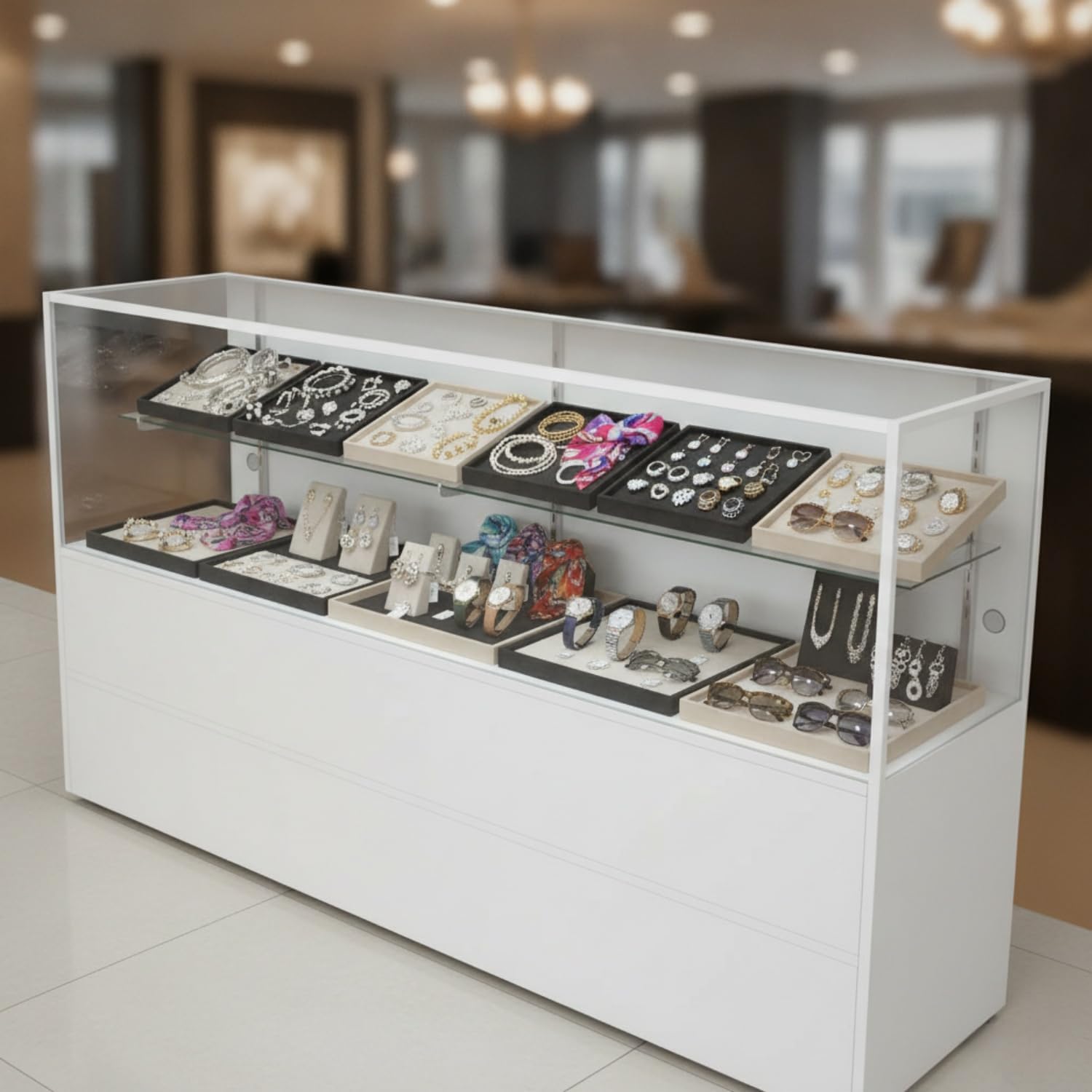 60" W x 18" D x 38" H - White Full View Retail Display Case, Illuminated Glass Display Cabinet with Adjustable Glass