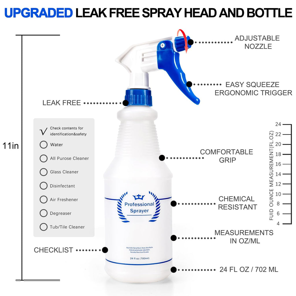 Plastic Spray Bottle, Empty Spray Bottles (2 Pack 24 Oz), All-Purpose Sprayer for Cleaning Solutions, Hair Spray
