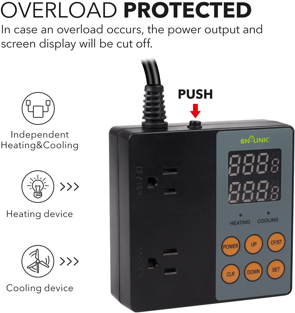 BN-LINK Temperature Controller Dual Thermostat Outlet for Heating Cooling