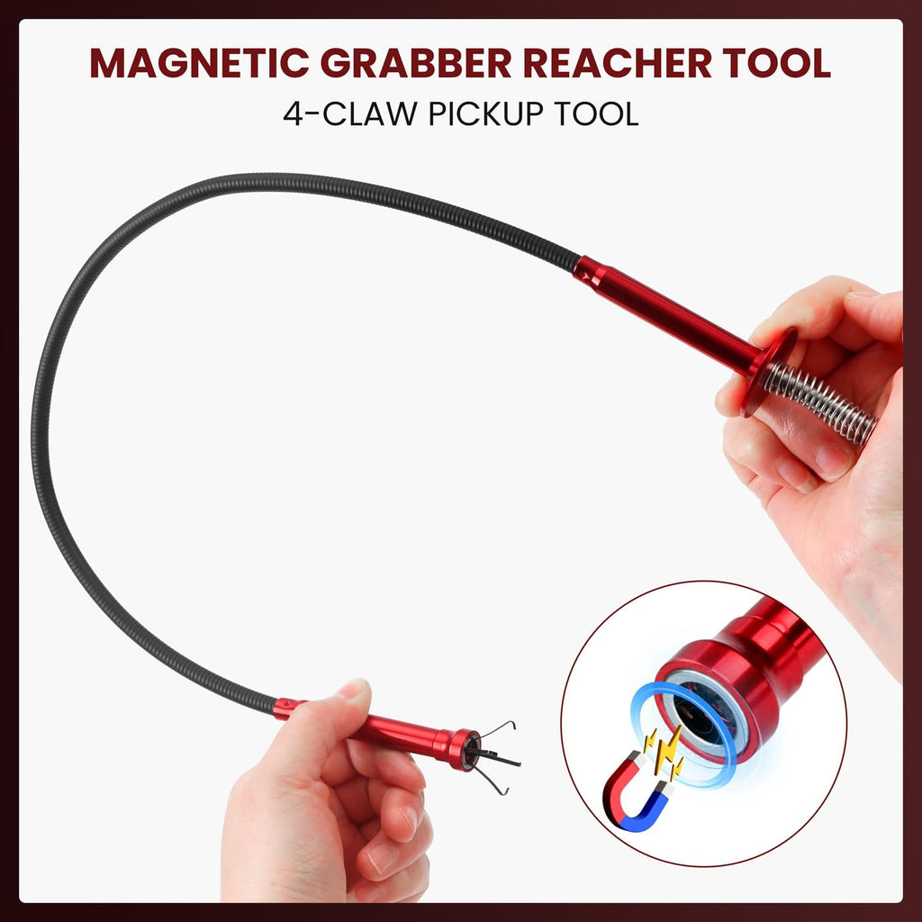Grabber Reacher Tool, Flexible Magnetic Pickup Tool with 4-Claw Gripper & Spring-Loaded Handle, Pickup for Bathroom