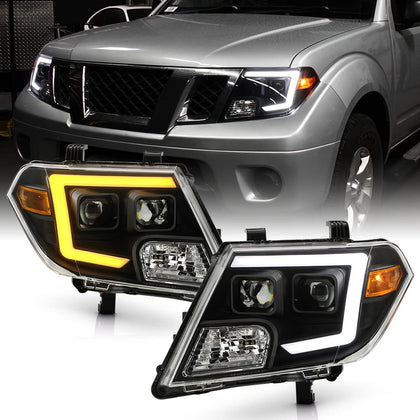 For 2009-2021 Nissan Frontier Switchback Turn Signal LED Tube Dual Projector Headlights Headlmaps Left+Right