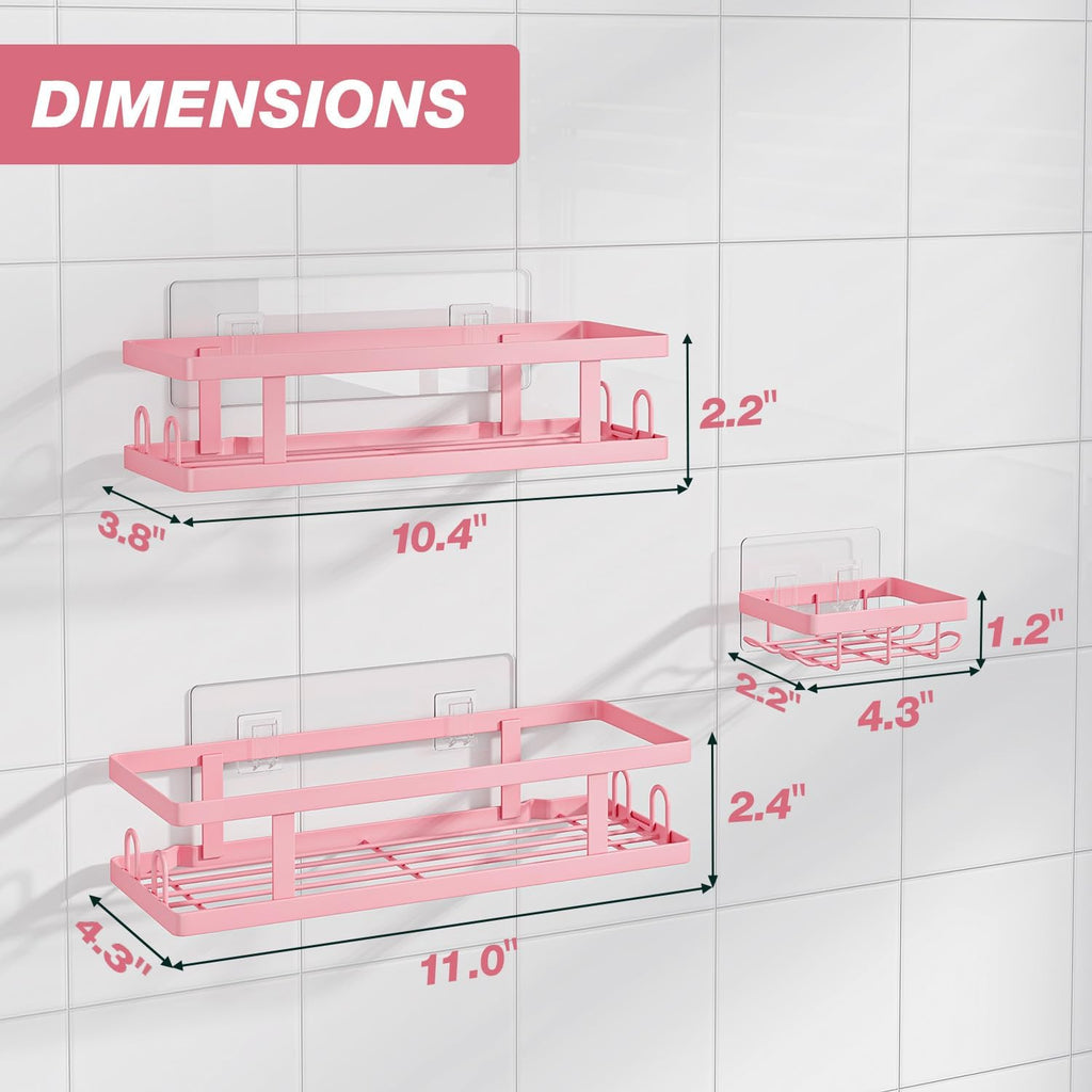Adhesive Shower Caddy,Shower Shelves with Soap Holder and 12 Hooks,No Drilling Bathroom Organizer and Storage,Pink,3