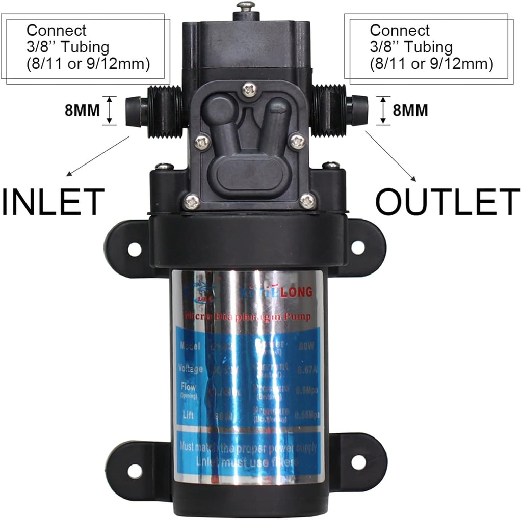 Adjustable Small submersible pump 45/60/80/100 Watt DC 12V Fresh Water Pump Diaphragm Self Priming Sprayer Pump Automatic Switch Connection 4/5/6/8L Per Min(60Watt-DC 12V)