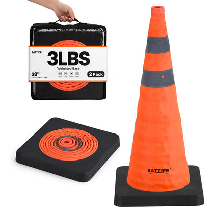 28 inch Collapsible Orange Traffic Safety Cones Weighted Base 2 Pcs | 3LBS heavy-duty design, reflective collar