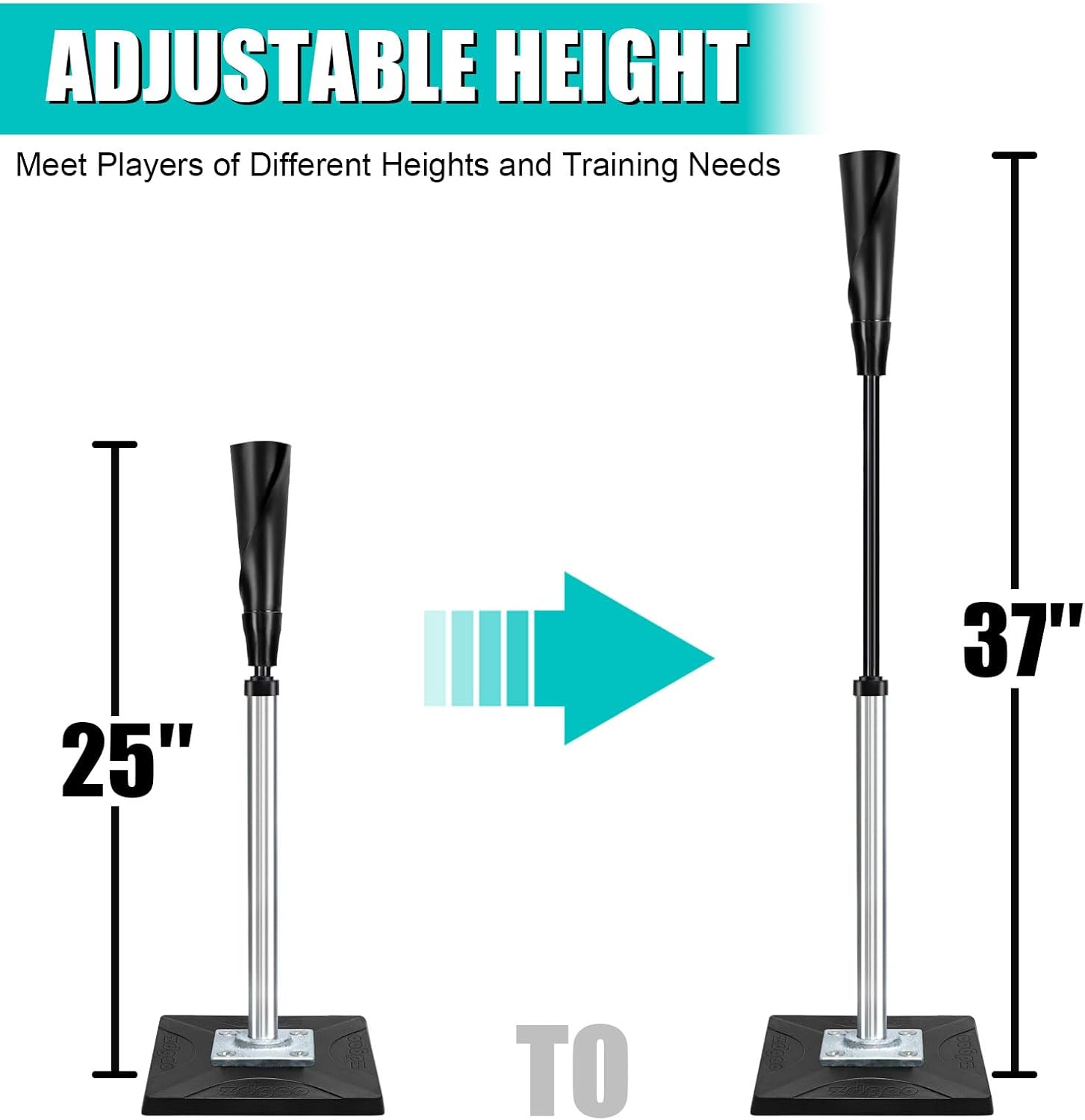 Batting Tee for Baseball/Softball, Adjustable Height 25" to 37" | Baseball Tee with Removable Rubber Top and Premium