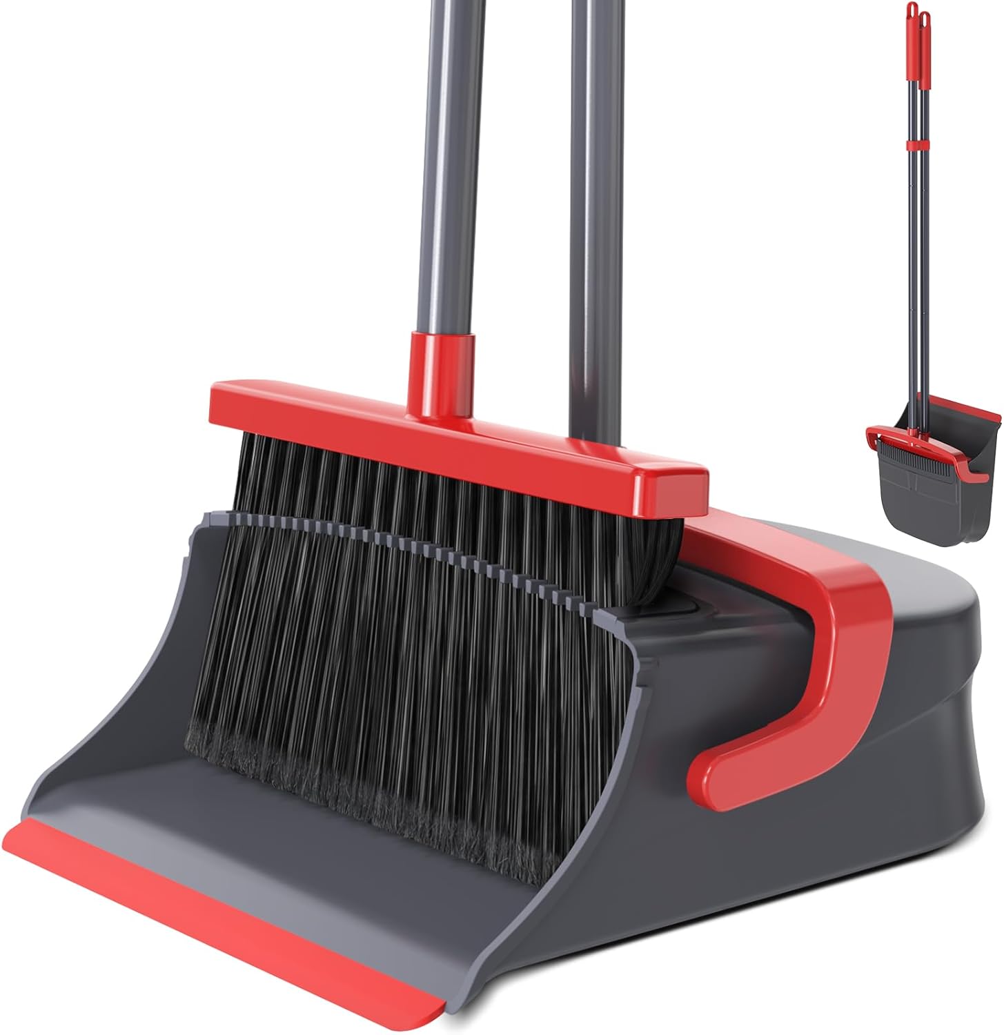 Broom with Dustpan Combo Set, Long Handle Upright Standing Self-Cleaning Broom and Dustpan Set for Pet Hair & Dust