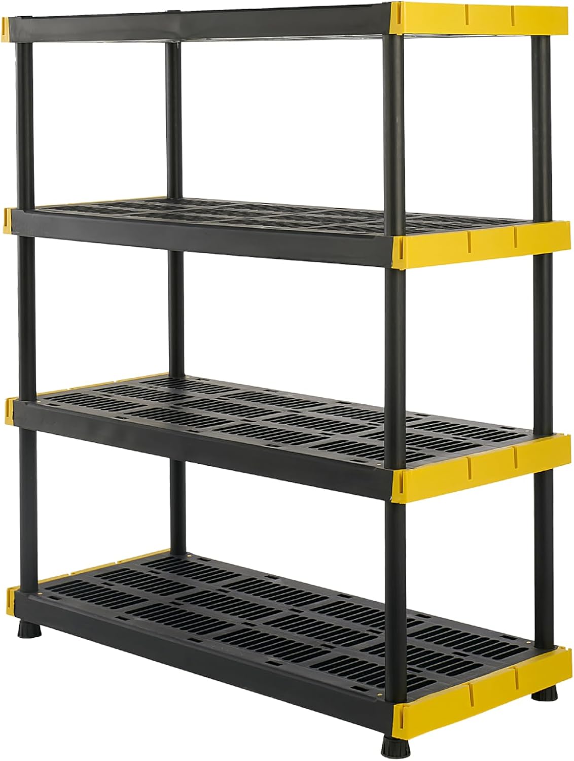 Black & Yellow, 4-Tier Heavy Duty Plastic Storage Shelving Unit, 200lbs/shelf (55H x 48W x 20D), for Indoor/Outdoor