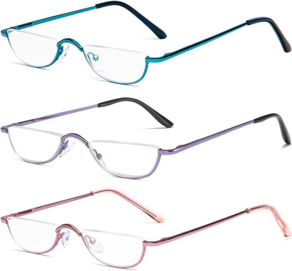 Half Moon Reading Glasses for Women Men Small Semi Frame Metal Spring Hinge Readers