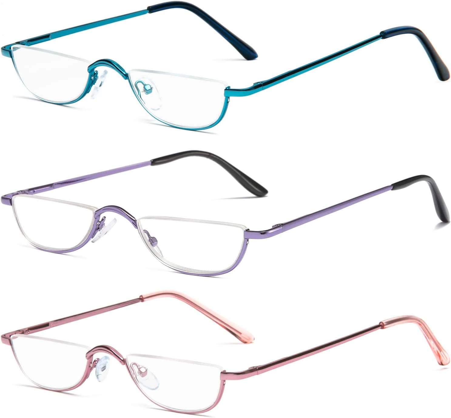 Half Moon Reading Glasses for Women Men Small Semi Frame Metal Spring Hinge Readers