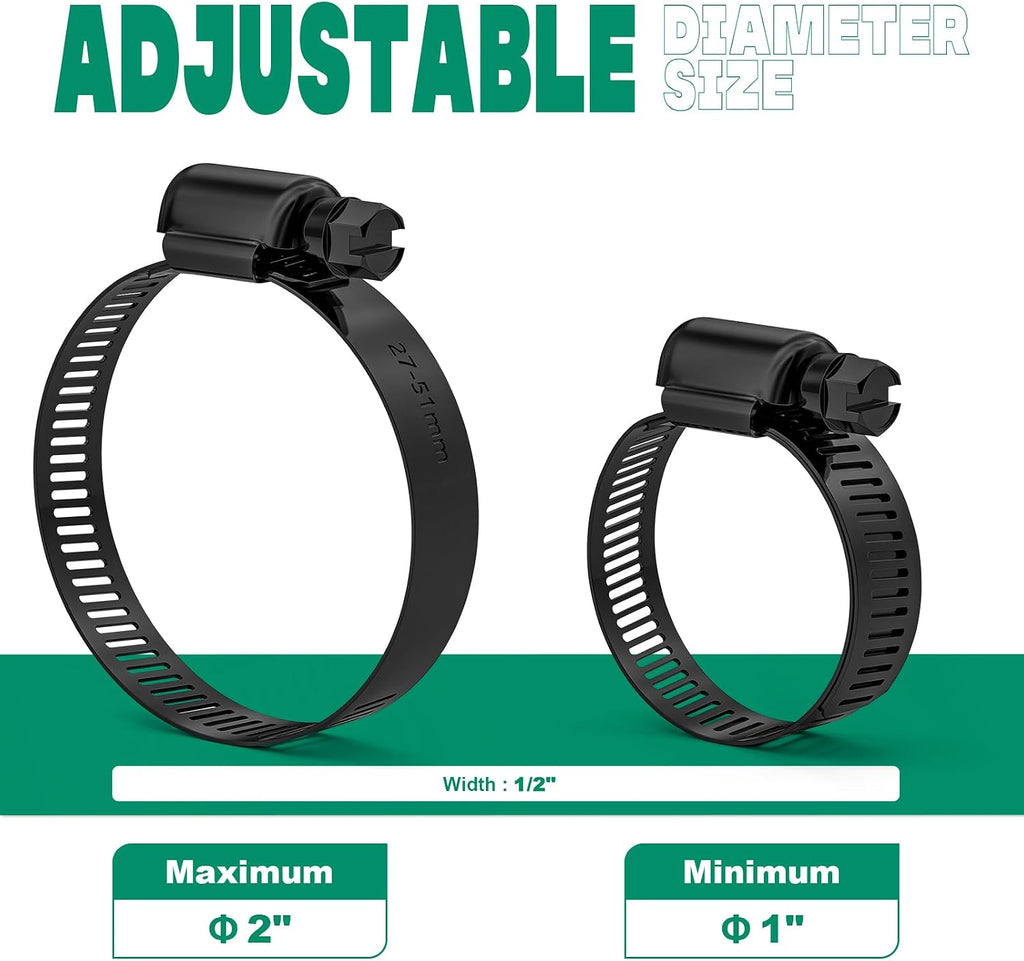 10PCS Black Hose Clamp Stainless Steel Adjustable 1"–2"(27-51mm) | Heavy Duty, Rust Resistant, Worm Gear Small Hose