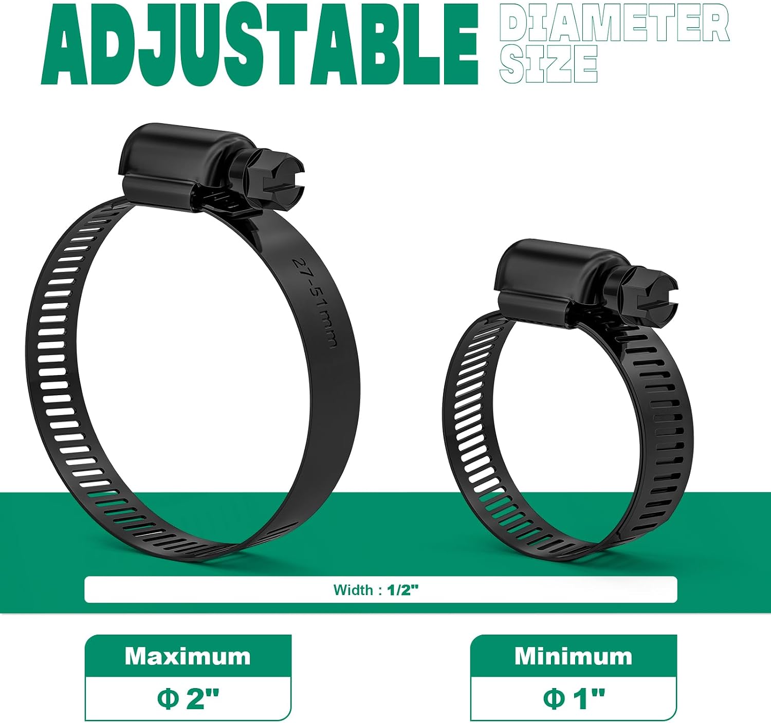 10PCS Black Hose Clamp Stainless Steel Adjustable 1"–2"(27-51mm) | Heavy Duty, Rust Resistant, Worm Gear Small Hose