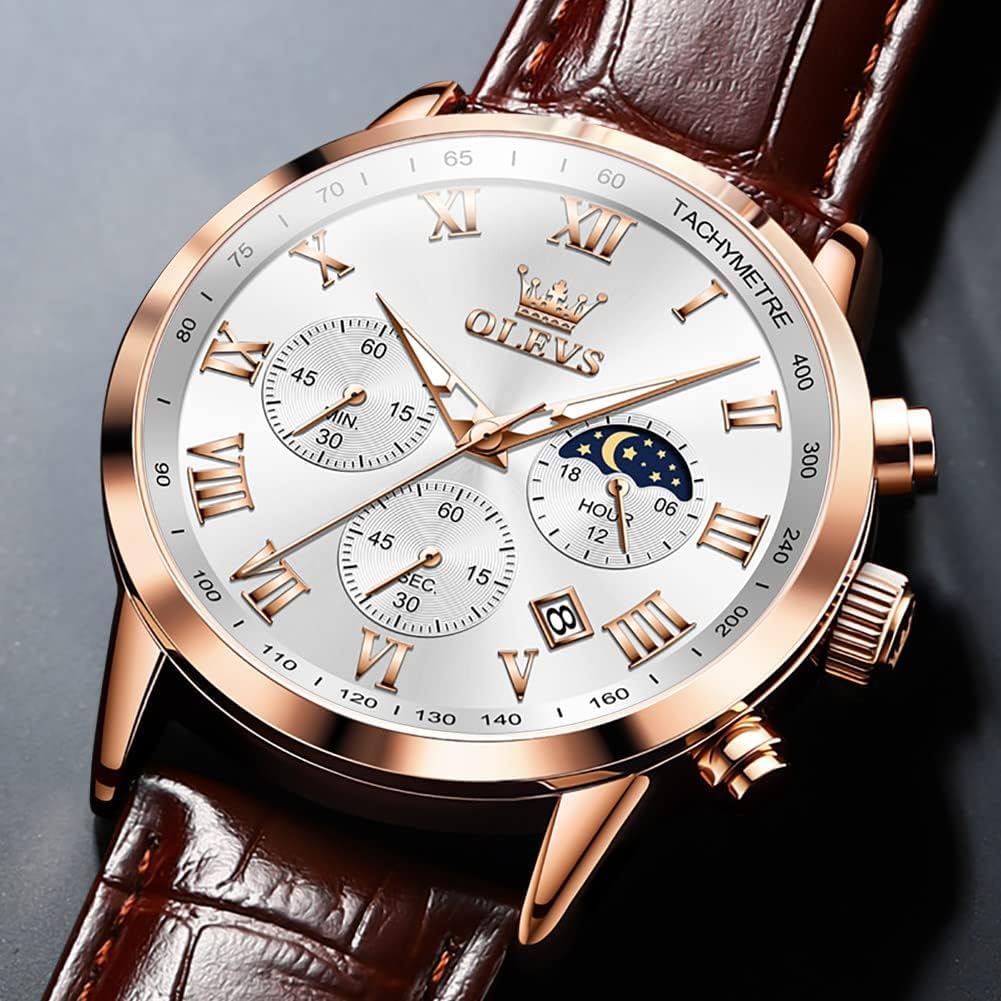 Mens Watches Leather Chronograph Luxury Fashion Dress Analog Quartz Wrist Watch Luminous Waterproof Moon Phase Date