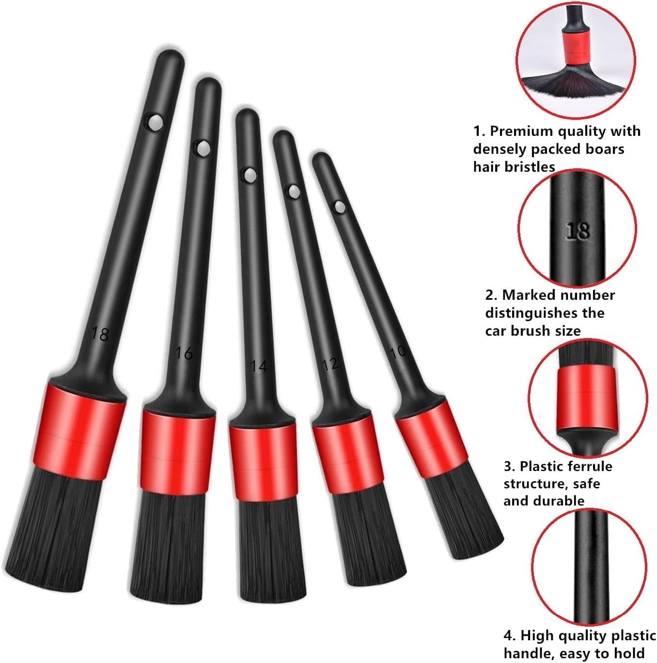 11Pcs Auto Detailing Set, Boar Hair Brushes, Steel Wire & A/C Brushes, Red, Soft Bristles, Wood Handles for Cleaning