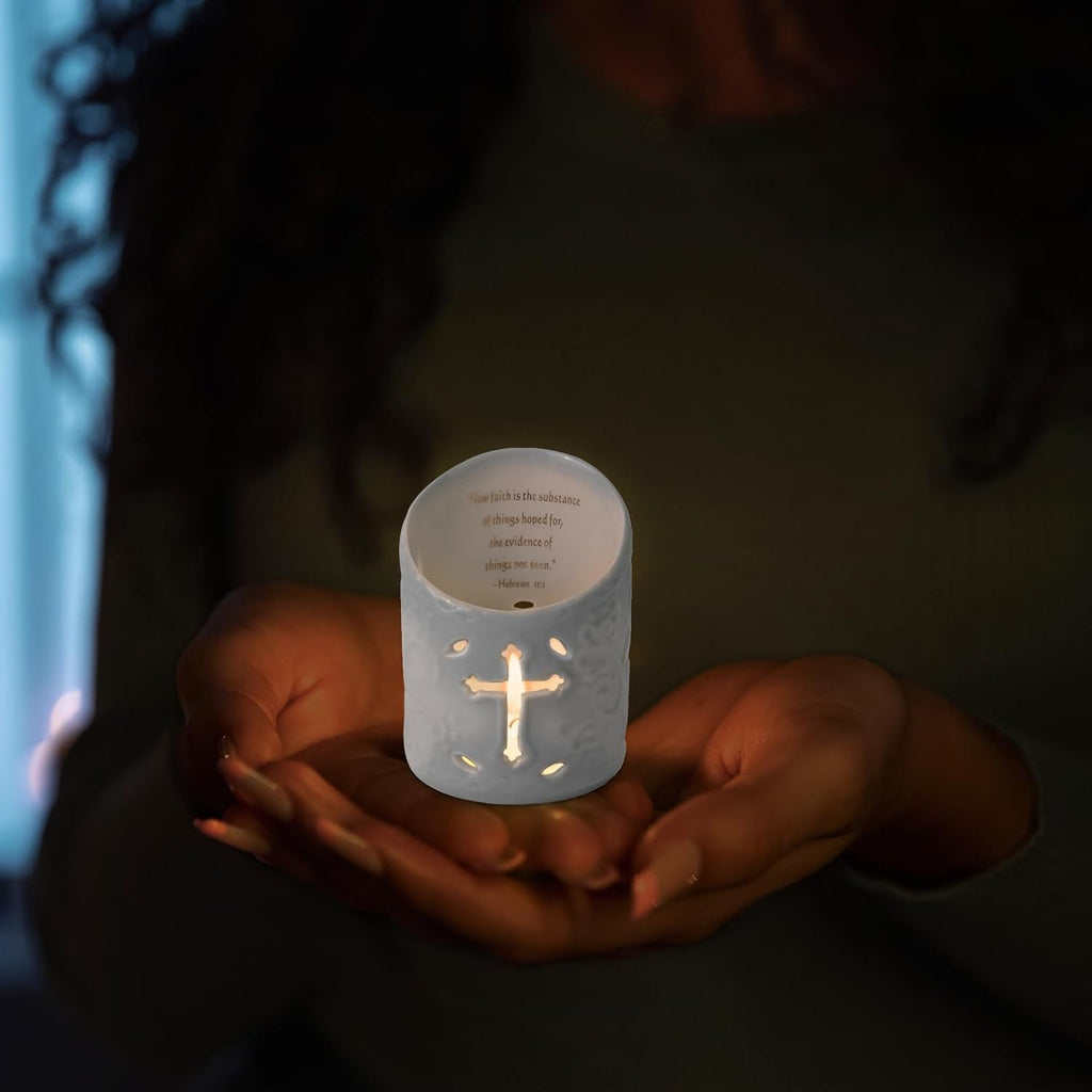 Candle Holder Ceramic Christian Cross Tea Light Holder with Bible Verse Tealight Cup Votive Candle Holder for Wedding