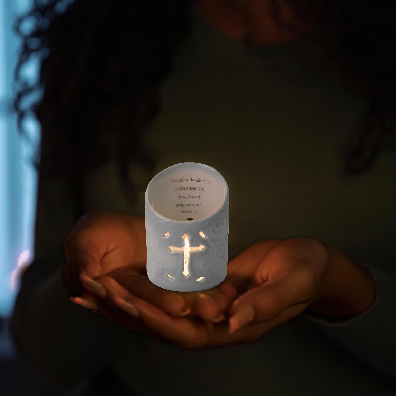Candle Holder Ceramic Christian Cross Tea Light Holder with Bible Verse Tealight Cup Votive Candle Holder for Wedding