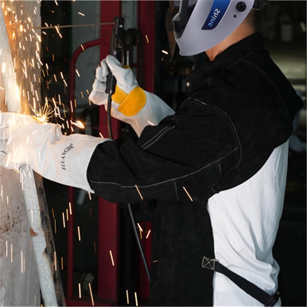 Leather Welding Jacket Flame-Resistant Heavy Duty Welding Apron with Sleeve,Adjustable Cuffs, Adjustable Collar