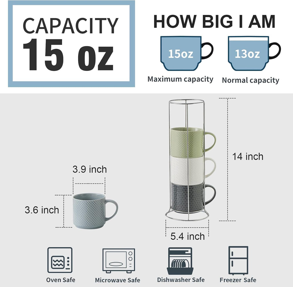 Coffee Mugs with Metal Stand,15 oz Ceramic Stackable Mug Set Embossed Latte Cup, Ceramic Coffee Cups with Handle for