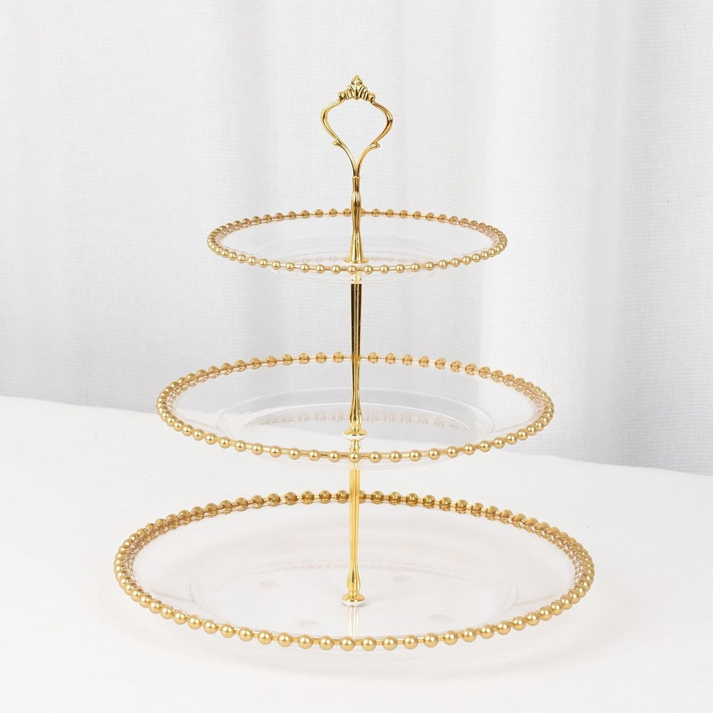 3-Tier Clear 14" Round Plastic Cupcake Tower Stand Gold Beaded Rim | Display Riser for Birthday Wedding Party Events