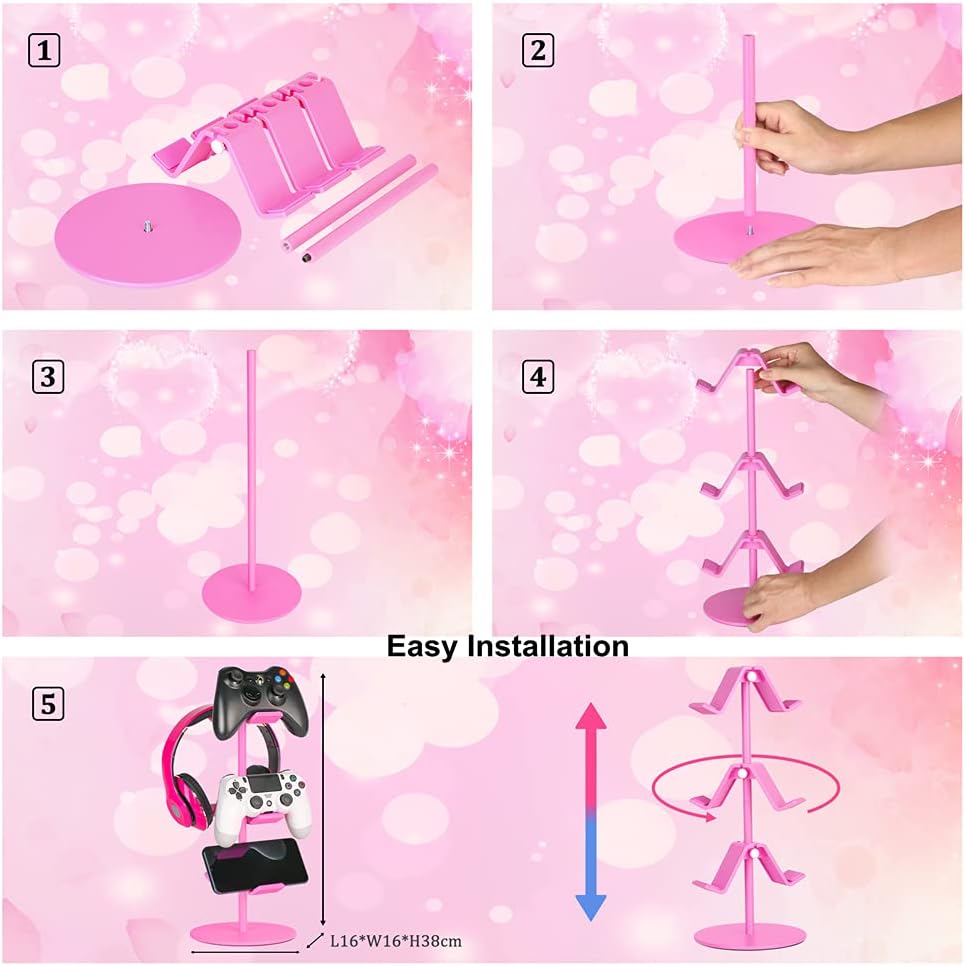 Controller Holder Pink,Headphone Stand,3 Tier Multi Adjustable Game Controller Headset Hanger for All Universal