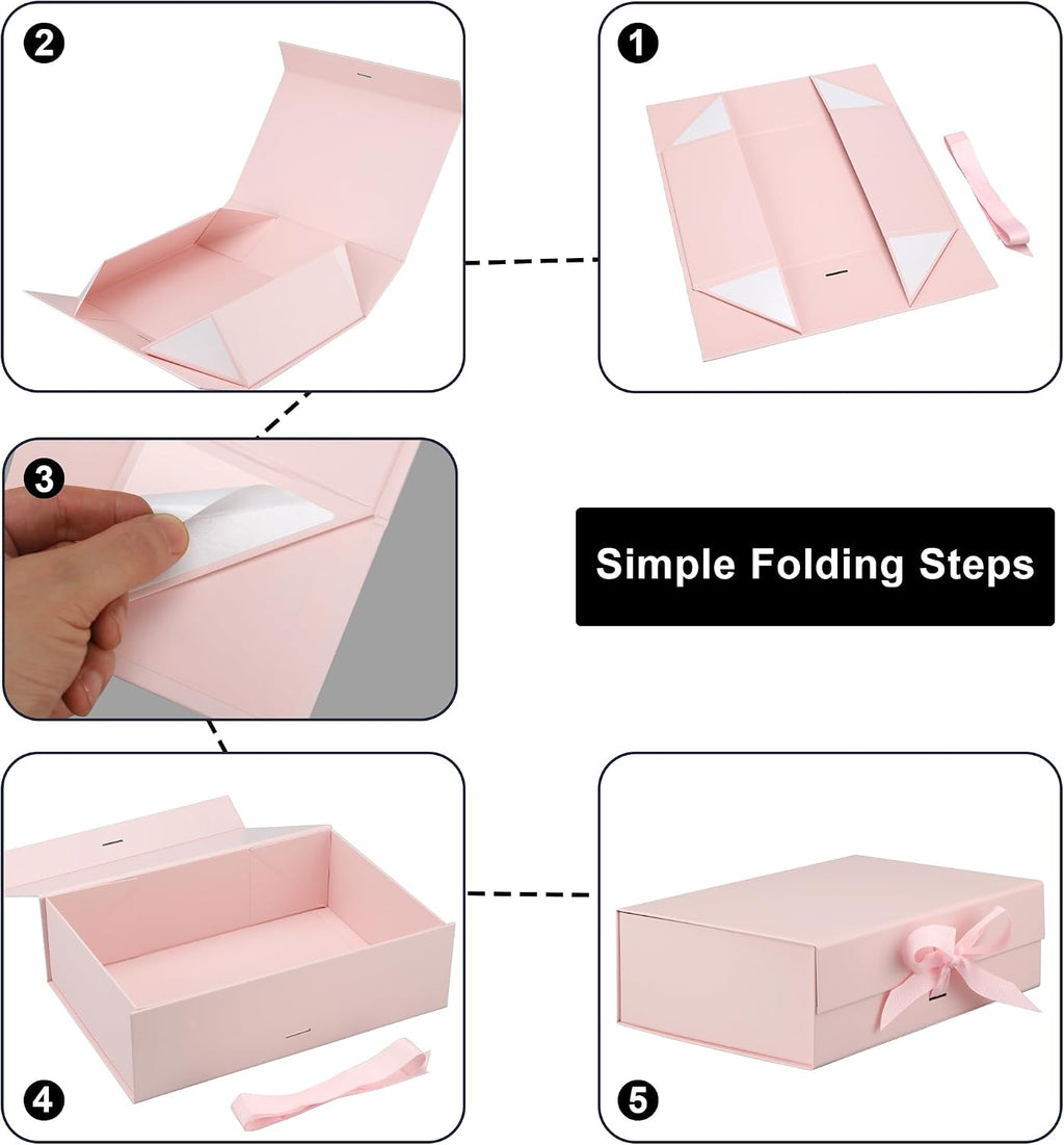 13"x9"x4" Large Pink Magnetic Gift Box with Lid Ribbon