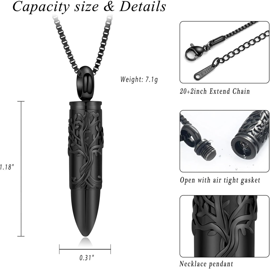 Bullet Cremation Ashes Jewelry Tree of Life Keepsake Urn Necklace for Ashes Stainless Steel Memorial Pendant for