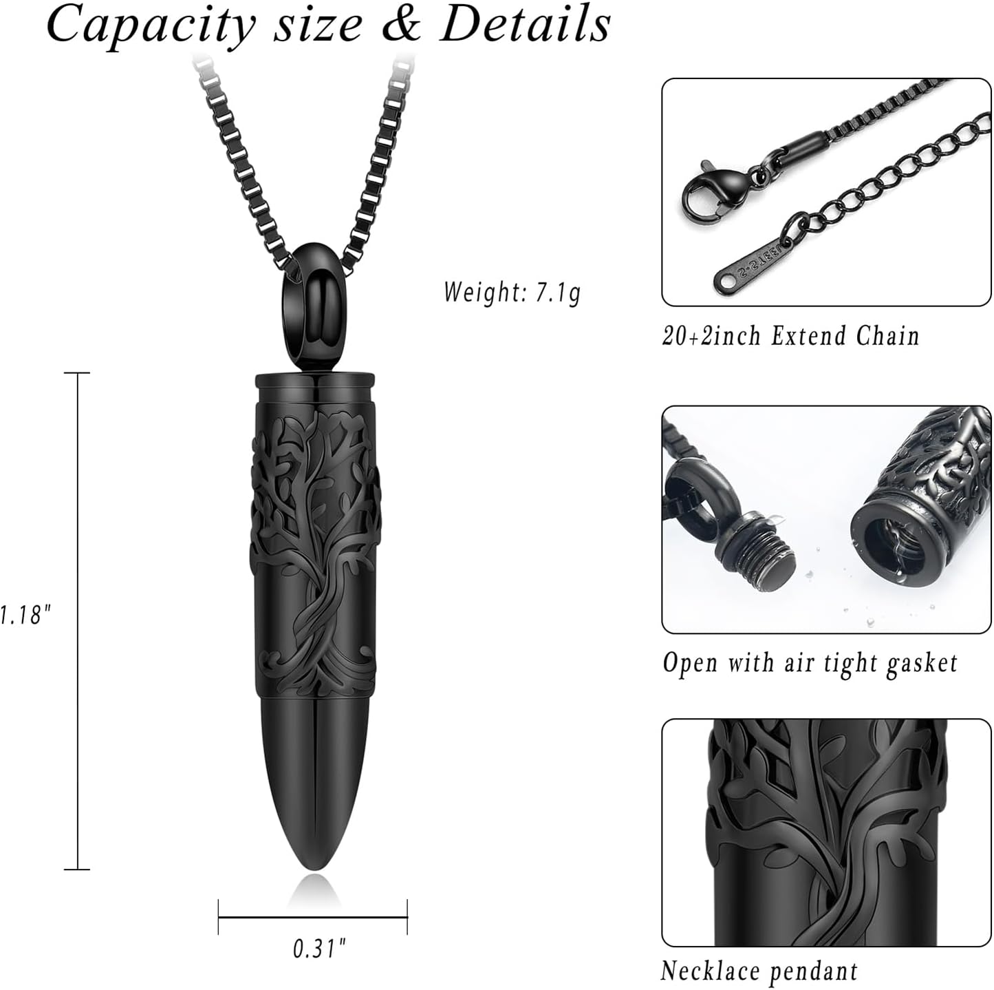 Bullet Cremation Ashes Jewelry Tree of Life Keepsake Urn Necklace for Ashes Stainless Steel Memorial Pendant for