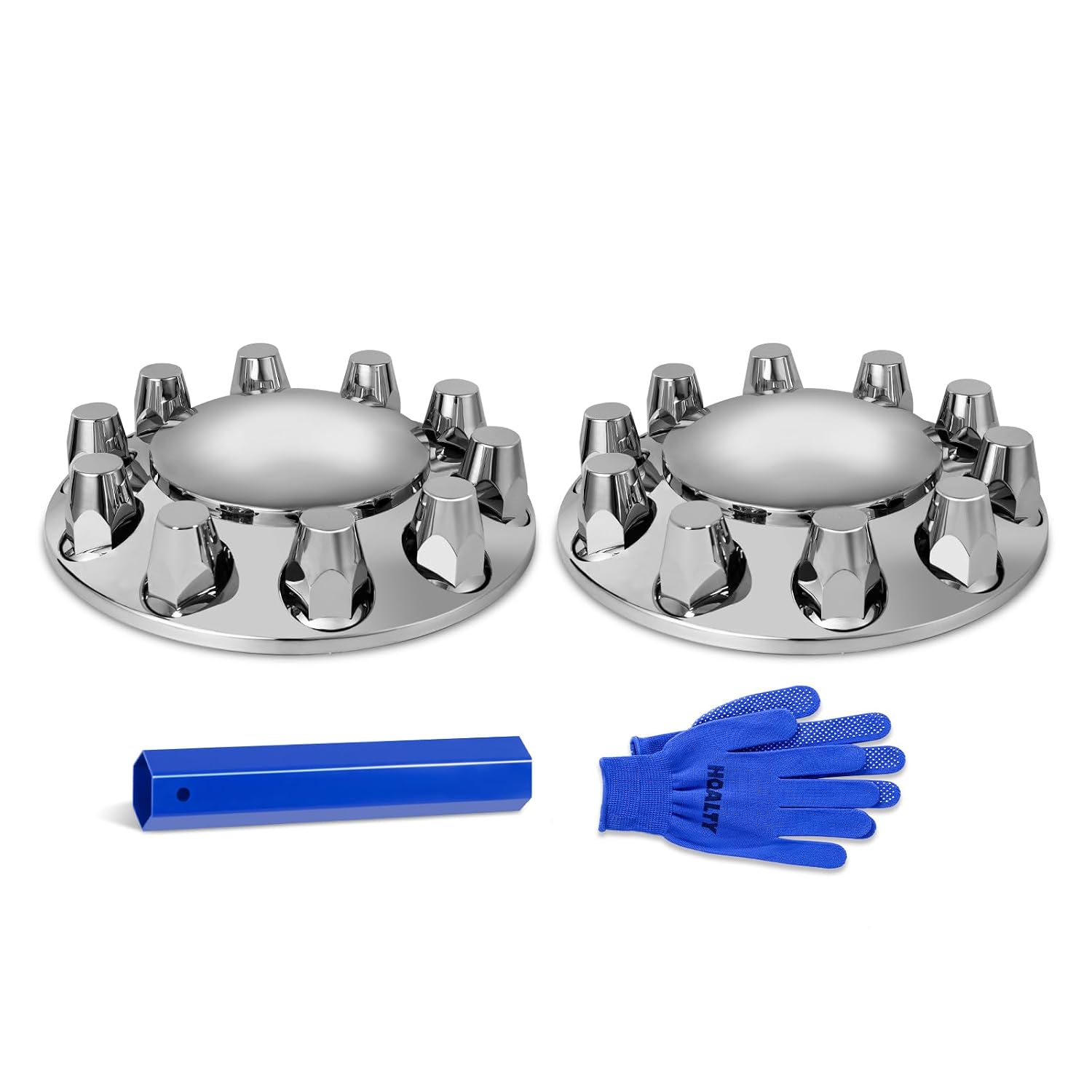 Chrome Dome 2 Front Axle Cover Kit with 32mm/33mm Thread-on Lug Nut Covers with Removable Hub Caps for Semi Truck