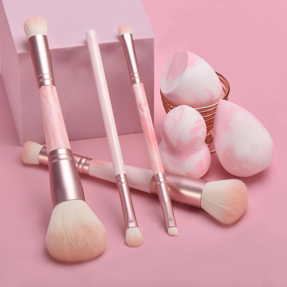 Pink Makeup Brushes set, 4 Dual-Ended Brushes, 3 Makeup Sponges & 1 Metal Stand, Professional Complete Cosmetic Brush