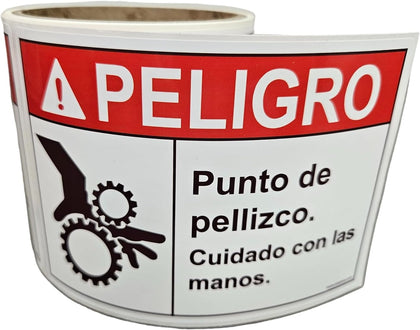 Spanish Pinch Points Danger Labels, OSHA Safety Labels, 3.5 x 5 Inch, 25 Labels Per Roll, Essential for Warehouse