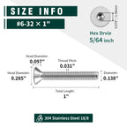 #6-32 x 1 Flat Socket Head Cap Screws, 304 Stainless Steel 18-8, Full Thread, Countersunk Hex Drive Machine Screws, 100-pack