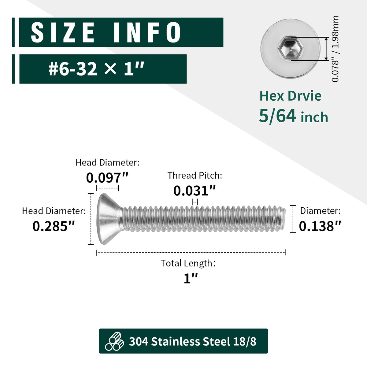 #6-32 x 1 Flat Socket Head Cap Screws, 304 Stainless Steel 18-8, Full Thread, Countersunk Hex Drive Machine Screws, 100-pack