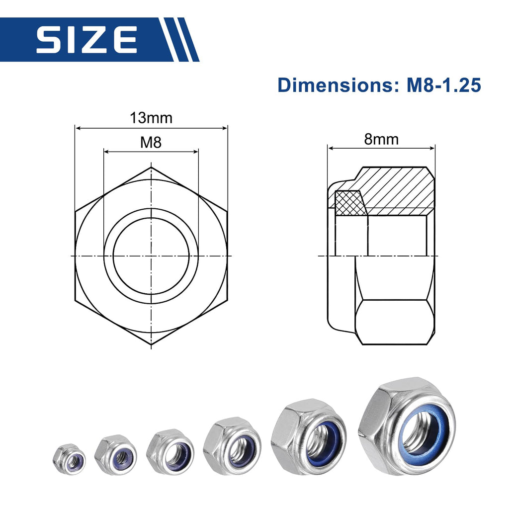 Kozelo 30Pcs M8-1.25 Nylon Locking Hex Nuts 316 StainlessSteel Silver