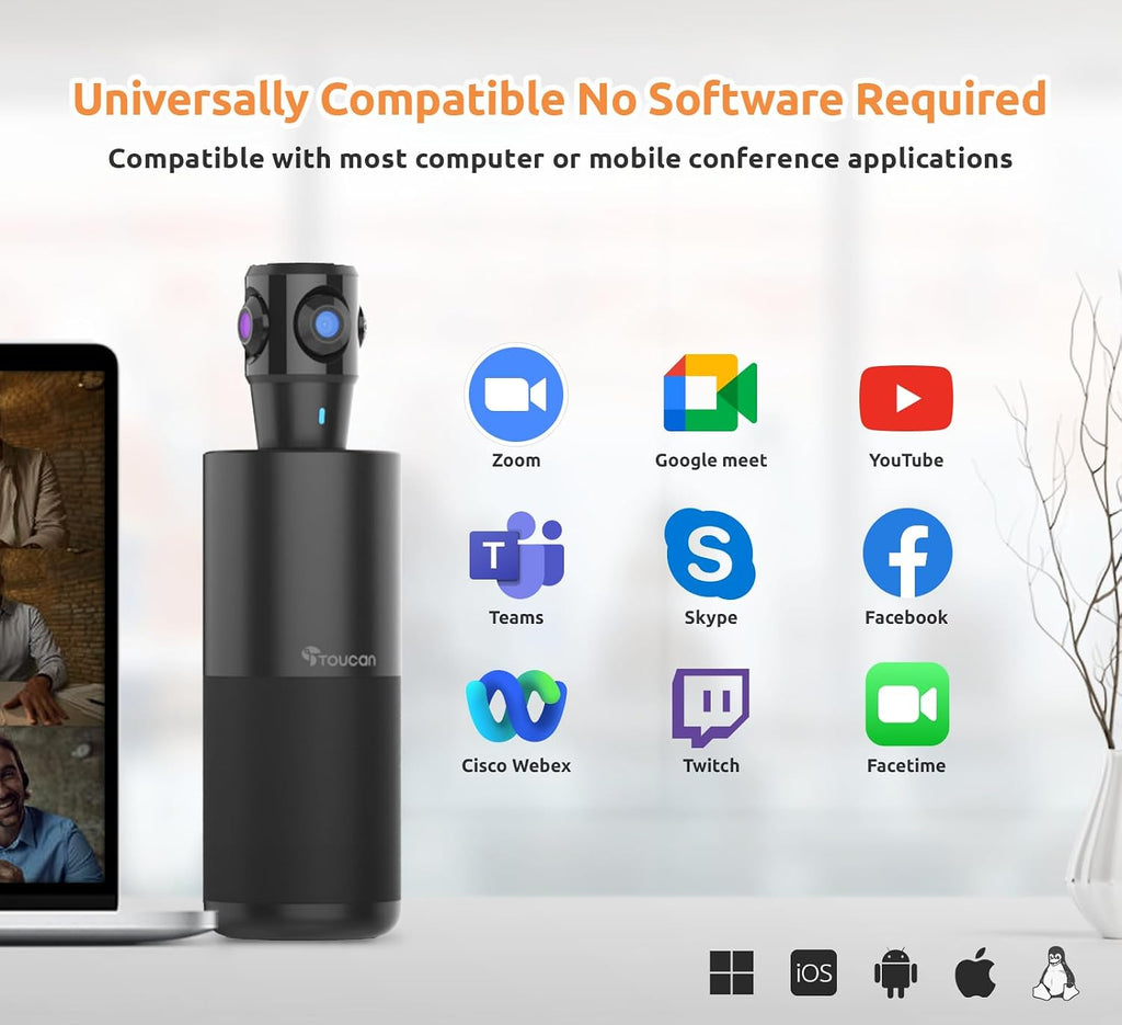 360-Degree Video Conference Camera, 1080p HD Webcam with 4 Noise Reduction Mics, Speaker, AI Tracking, Works with