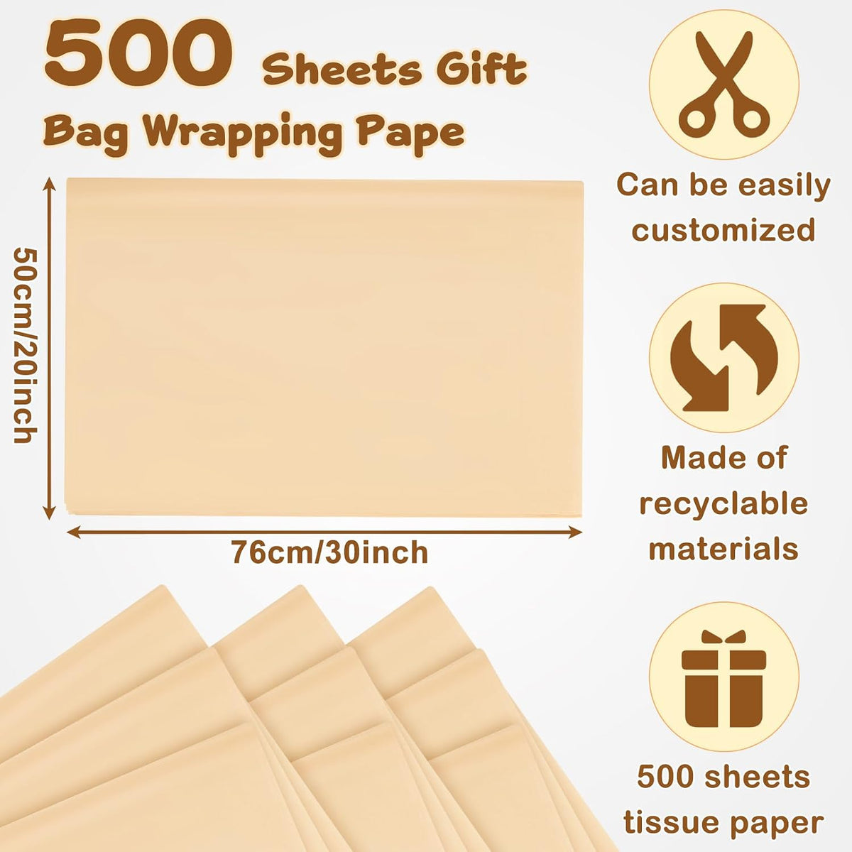 500 Sheets Kraft Tissue Paper Bulk 20 x 30 Inch for Wrapping Packaging
