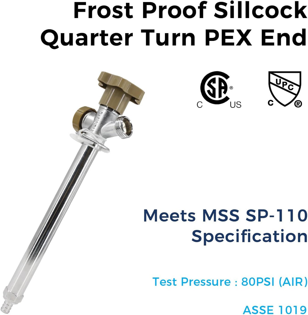 10-inch Anti-Siphon Frost Free Sillcock, Quater Turn 3/4-Inch Hose Bibb x 1/2-Inch PEX End,No Lead Brass Valve Frost