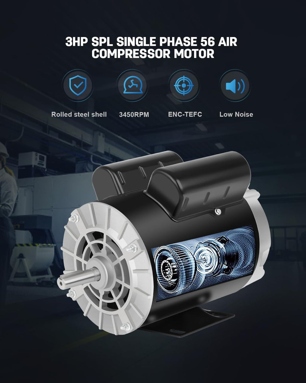 Air Compressor Motor 3HP SPL 3450 RPM 115/230V Single Phase ODP