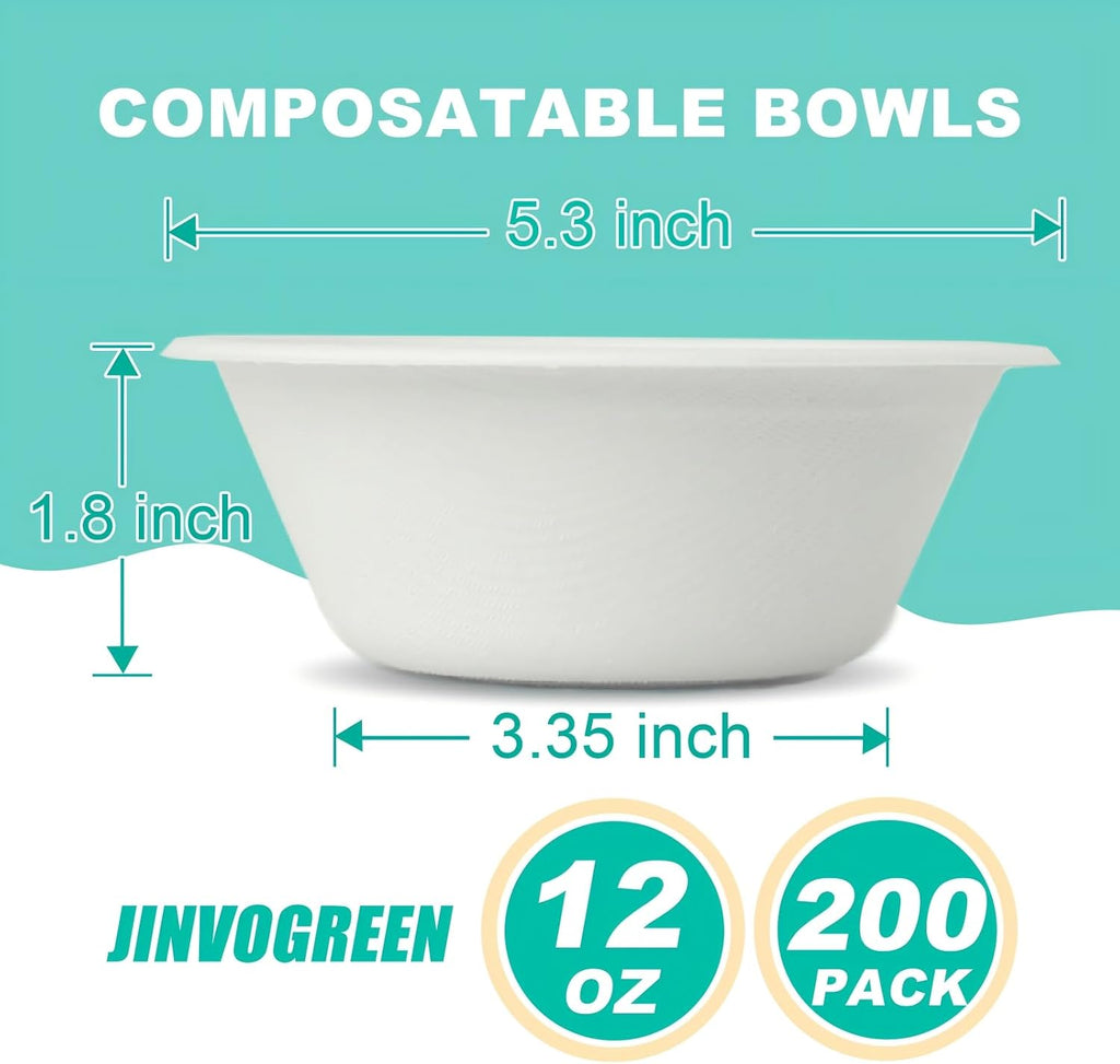 200 Count 12 oz Paper Bowls Disposable, Compostable Bowl, White