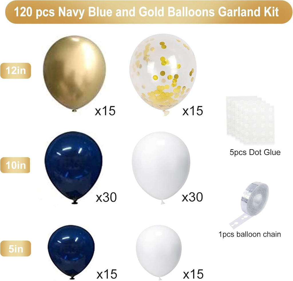 Navy Blue Gold Balloons Garland Kit, 120 pcs Navy and Gold Confetti White Balloons Arch for Graduation Birthday Party