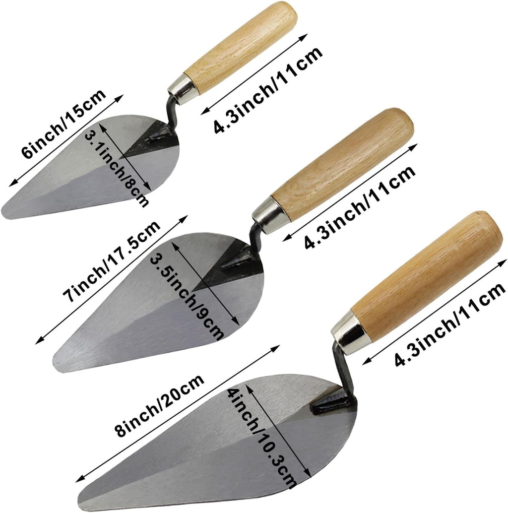 3-Pack Brick Trowel Set, 6" & 7" & 8" Pointing Trowel with Wood Handle,Masonry Hand Tool Set for Brickwork