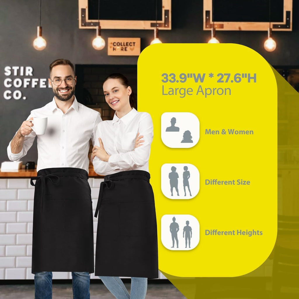 Long Server Apron Black with 3 Pockets 28" Bistro Aprons Waterproof