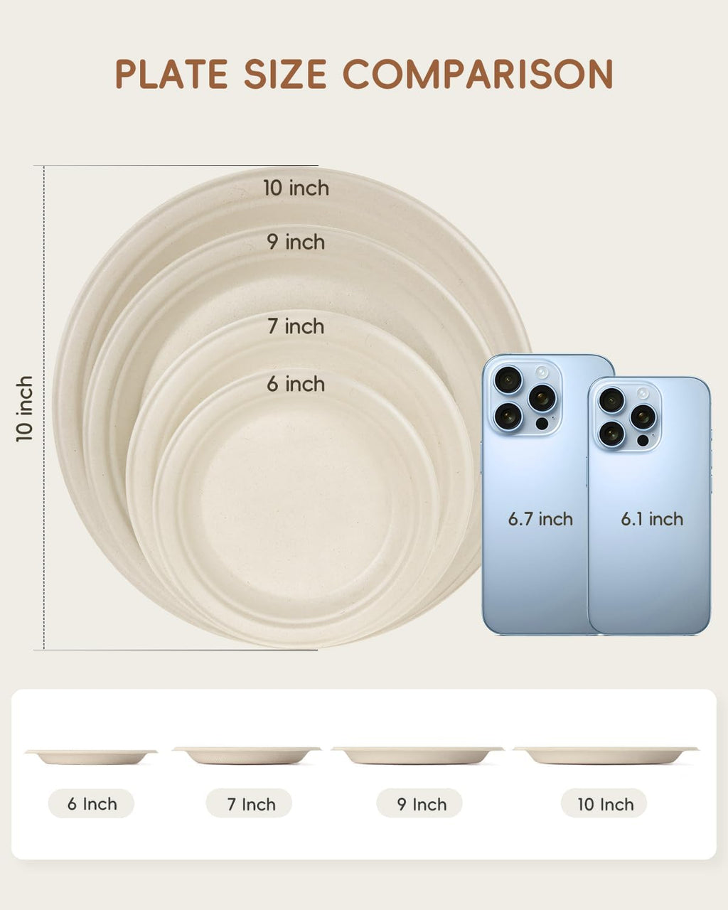 9 Inch Natural Compostable Sugarcane Paper Plates,100 Pack