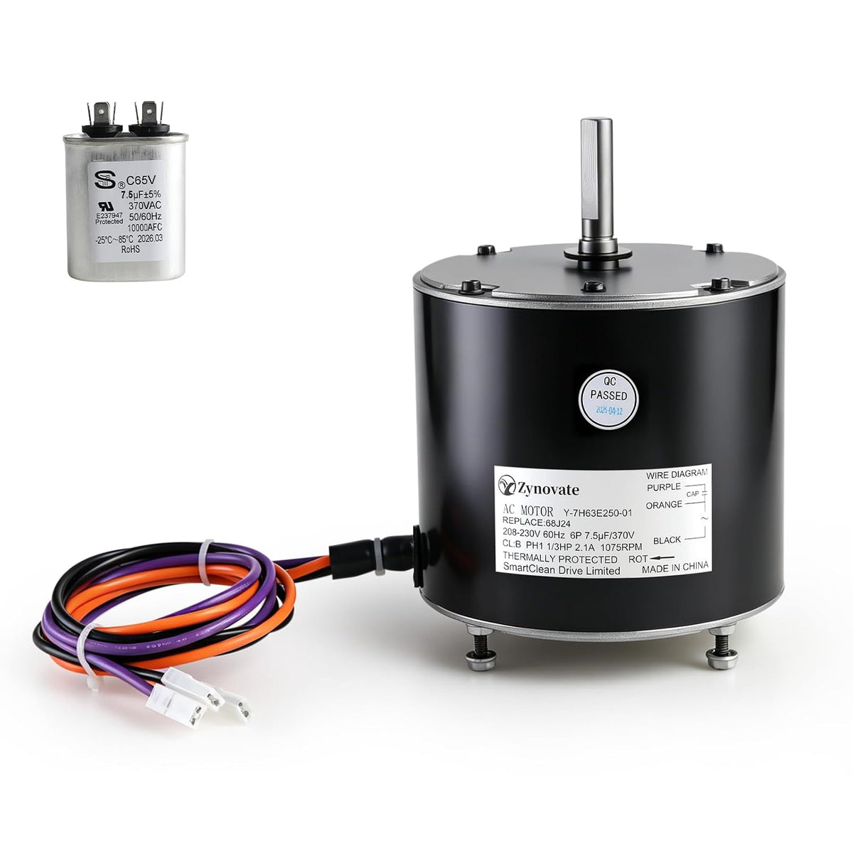 68J24 Condenser Fan Motor 1/3 HP 1075 RPM 208-230V 2.1A 60HZ AC Fan Motor