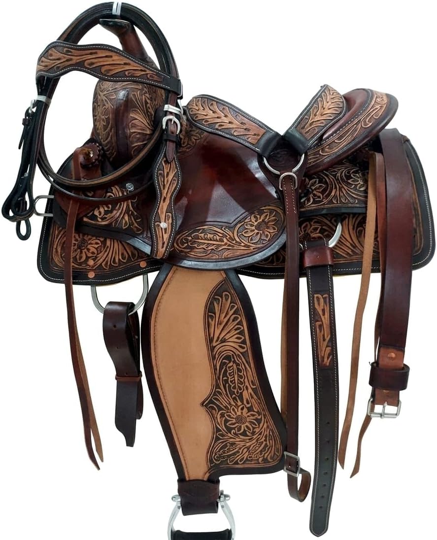 Hand Tooled Western Horse Saddle with Tack Set Genuine Leather Trail Ranch Barrel Racing Saddle Floral Carved 15-18 Inch