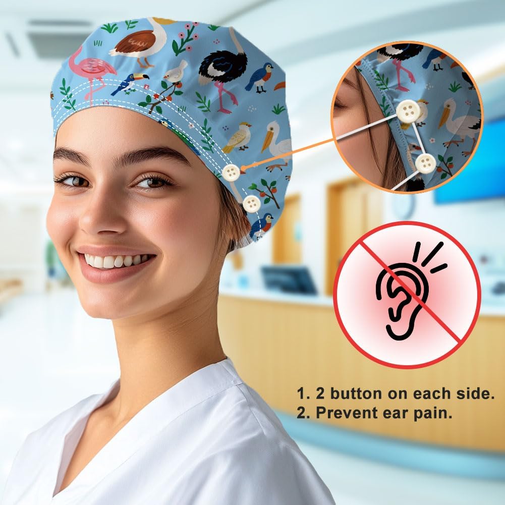 Scrub Caps with 4 Buttons Adjustable Nursing Working Caps With Sweatband Resilient Surgical Hat Hair Cover for Work