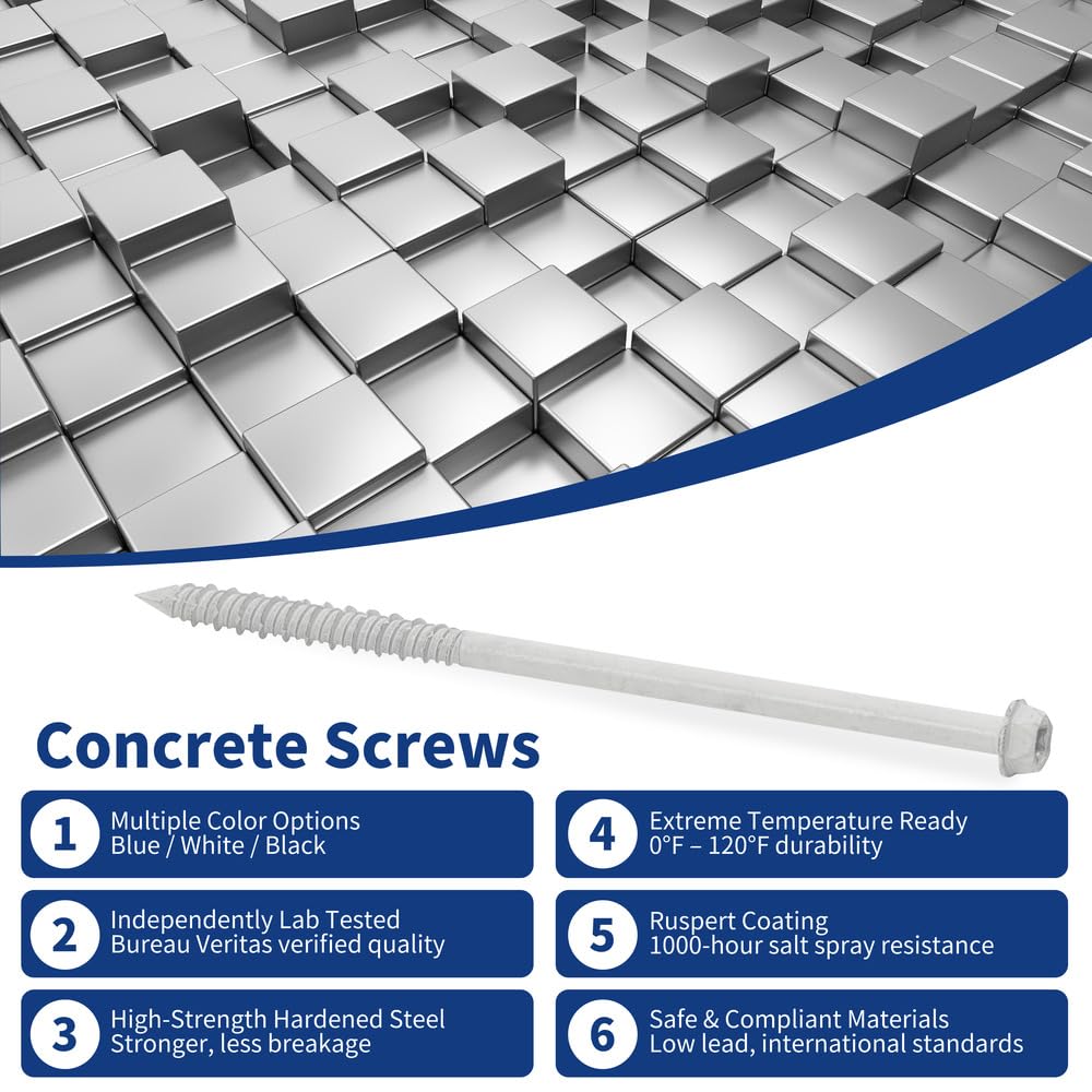 1/4" x 6" Concrete Screws, White Hex Head with Star Drive, 100 Pack w/ 2 Drill Bits, 1 Star Bit, & 1 Hex Bit Included